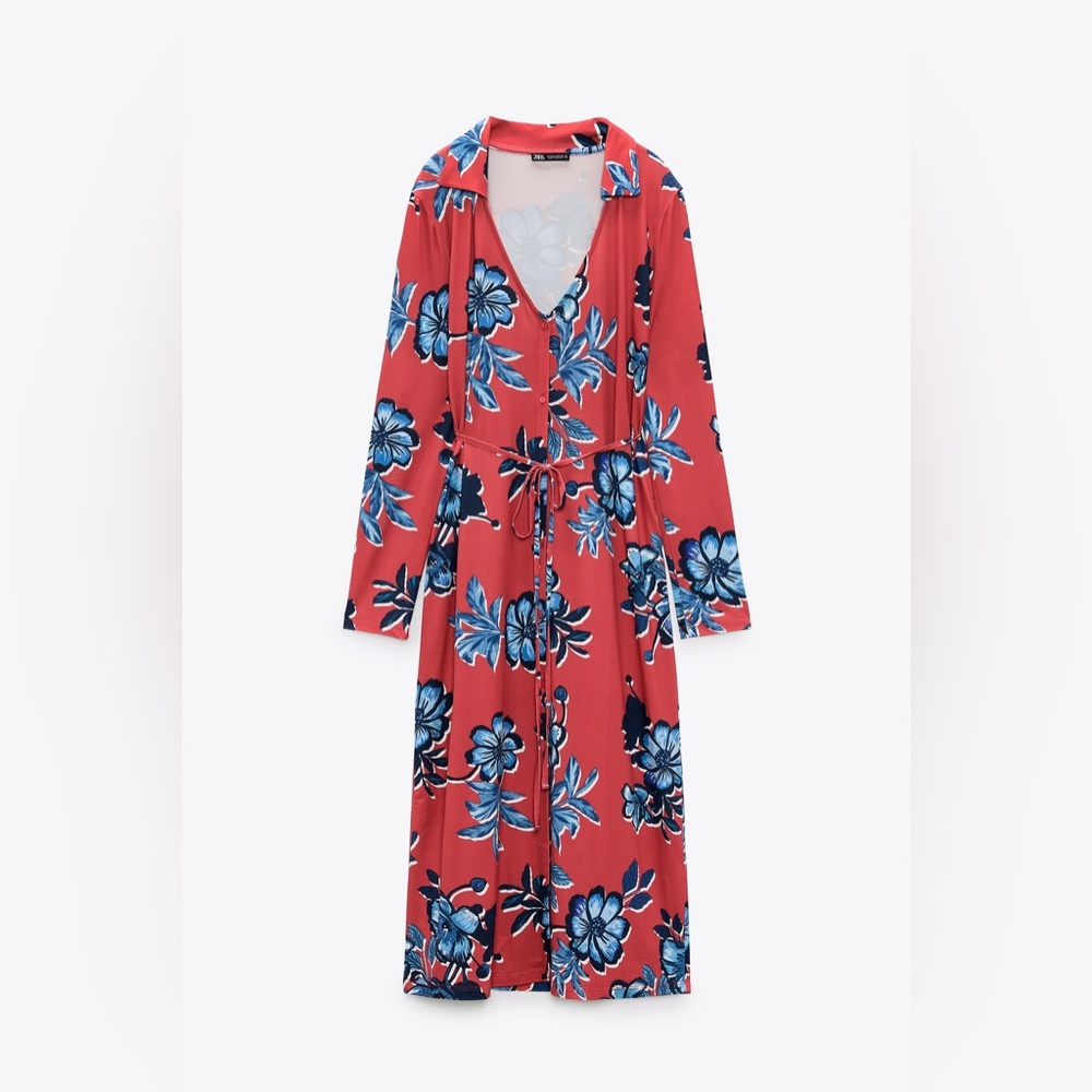 Zara red blue florals printed midi dress